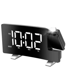 Projection Alarm Clock With Radio Function 7.7In Curved-Screen LED Digital Alarm Clock W/ Dual Alarms 4 Dimmer 12/24 Hour (Color: White)