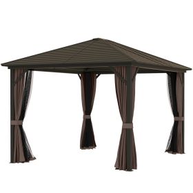 10 X 12 Hardtop Gazebo With Curtains And Netting, Gazebo Canopy With Aluminum Frame And Hooks, Coffee (Color: coffee)