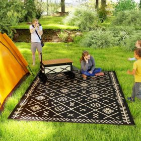 Reversible Outdoor Rug, Waterproof Plastic Straw With Carry Bag, 9 X 12, Black & Beige Rhombus (Color: Black)