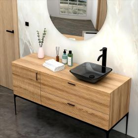 Above-Counter Rectangle Tempered Glass Bathroom Sink with Pop-Up Drain (Color: Black + Tempered Glass + Bathroom)
