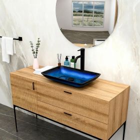 Above-Counter Rectangle Tempered Glass Bathroom Sink with Pop-Up Drain (Color: Blue + Tempered Glass + Bathroom)