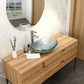 Modern Boat-Shape Tempered Glass Vessel Sink with Drain (Faucet Not Included) (Color: Silver + Tempered Glass + Bathroom)
