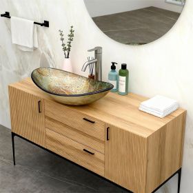 Modern Boat-Shape Tempered Glass Vessel Sink with Drain (Faucet Not Included) (Color: Gold + Tempered Glass + Bathroom)