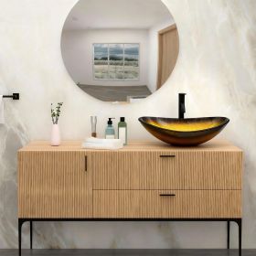 Modern Boat-Shape Tempered Glass Vessel Sink with Drain (Faucet Not Included) (Color: Golden yellow + Tempered Glass + Bathroom)