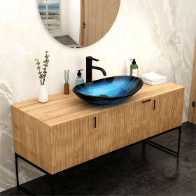 Modern Boat-Shape Tempered Glass Vessel Sink with Drain (Faucet Not Included) (Color: Blue + Tempered Glass + Bathroom)